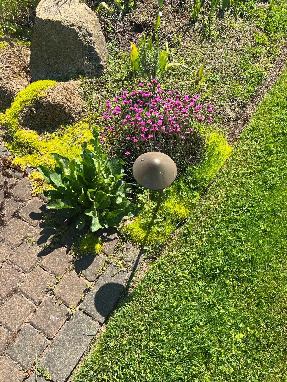 A mushroom-style landscape light in a garden bed of pink flowers and moss.