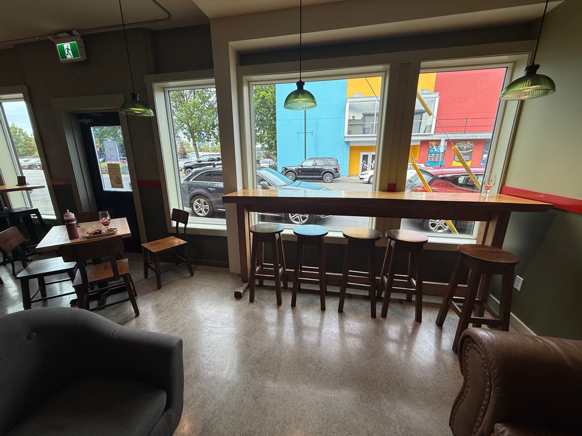 New pendant lights over a bar counter by the front windows.